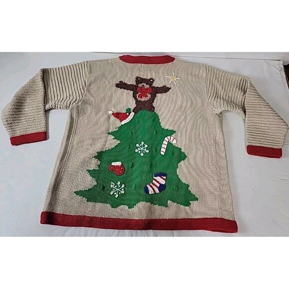 Storybook Knits Cardigan Sweater Women1X  Beige Bear ChristmasTree Hidden Button - Picture 4 of 9
